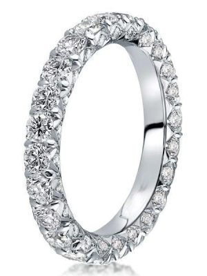 Shared Prong Created White Sapphire Eternity Band in Rhodium Plated Sterling Silver