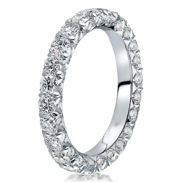 Shared Prong Created White Sapphire Eternity Band in Rhodium Plated Sterling Silver