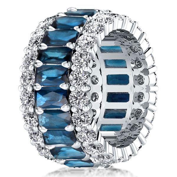 Emerald Cut Created Blue Topaz Eternity Wedding Band in Sterling Silver