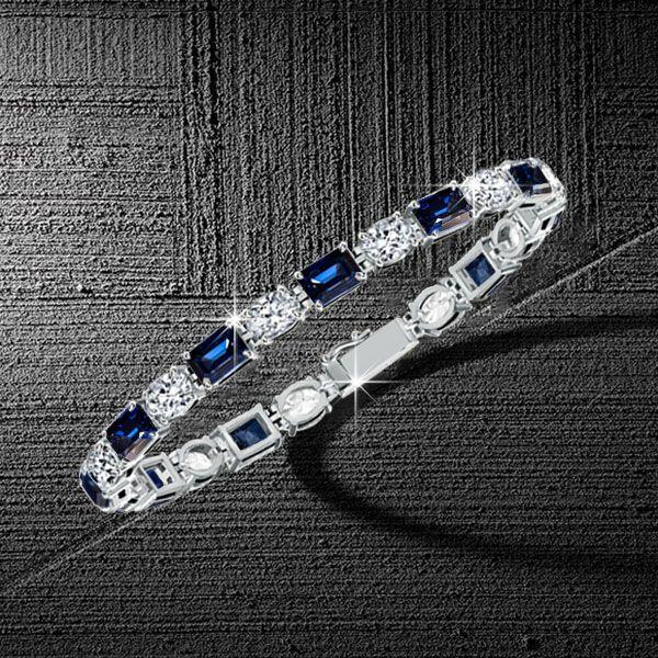 Alternating Blue & White Emerald Cut Cubic Zirconia Tennis Bracelet in Sterling Silver