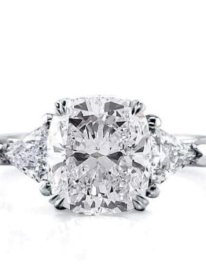 Cushion Cut White Sapphire 3 Stone Engagement Ring in Rhodium Plated Sterling Silver
