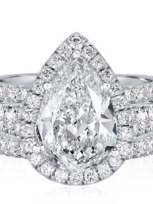 Halo Pear Cut White Sapphire Wedding Ring Set - Sterling Silver