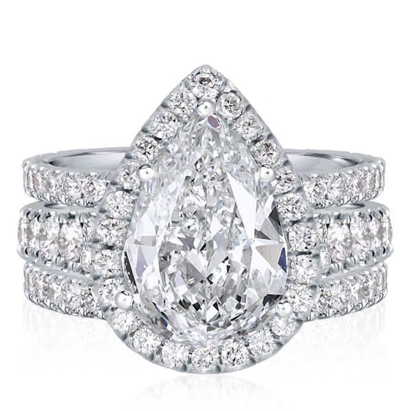 Halo Pear Cut White Sapphire Wedding Ring Set - Sterling Silver
