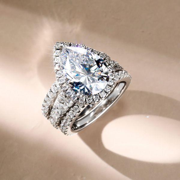 Halo Pear Cut White Sapphire Wedding Ring Set - Sterling Silver