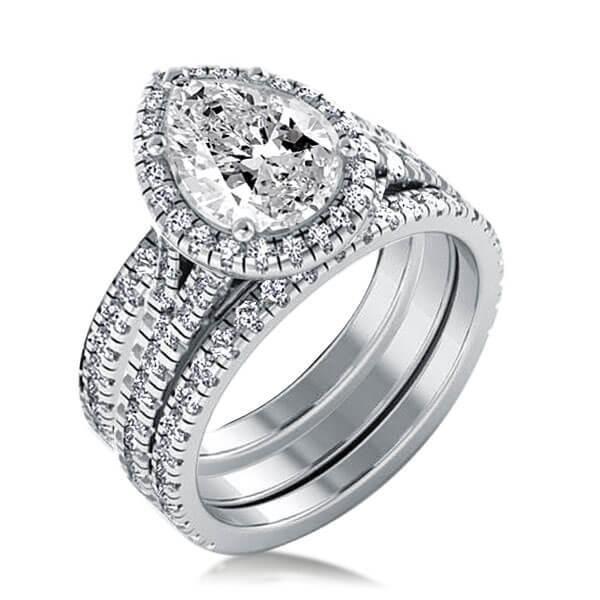 Halo Pear Cut White Sapphire Wedding Ring Set - Sterling Silver
