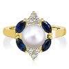 Golden Blue Sapphire & Pearl Halo Engagement Ring - 18K Gold Plated Sterling Silver