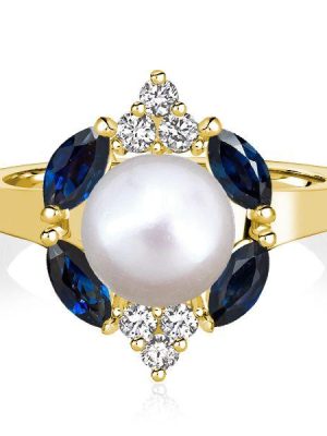 Golden Blue Sapphire & Pearl Halo Engagement Ring - 18K Gold Plated Sterling Silver