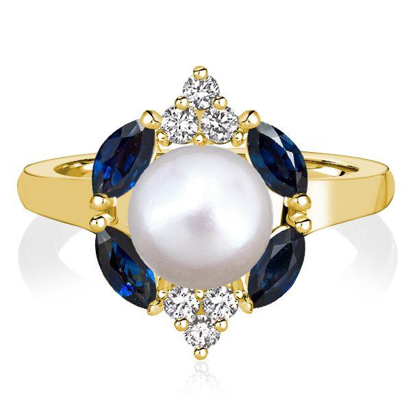 Golden Blue Sapphire & Pearl Halo Engagement Ring - 18K Gold Plated Sterling Silver