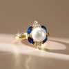 Golden Blue Sapphire & Pearl Halo Engagement Ring - 18K Gold Plated Sterling Silver