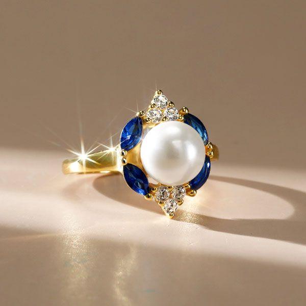 Golden Blue Sapphire & Pearl Halo Engagement Ring - 18K Gold Plated Sterling Silver
