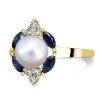 Golden Blue Sapphire & Pearl Halo Engagement Ring - 18K Gold Plated Sterling Silver