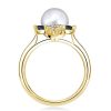 Golden Blue Sapphire & Pearl Halo Engagement Ring - 18K Gold Plated Sterling Silver