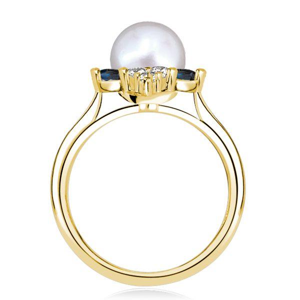 Golden Blue Sapphire & Pearl Halo Engagement Ring - 18K Gold Plated Sterling Silver