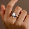 Golden Blue Sapphire & Pearl Halo Engagement Ring - 18K Gold Plated Sterling Silver