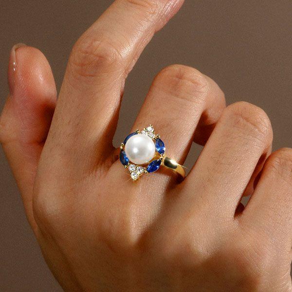 Golden Blue Sapphire & Pearl Halo Engagement Ring - 18K Gold Plated Sterling Silver