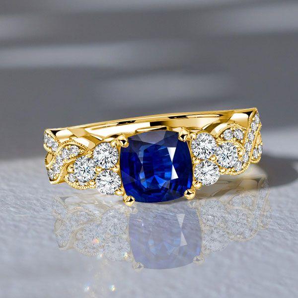 Blue Sapphire Cushion Cut Ring - 18K Gold Plated Sterling Silver