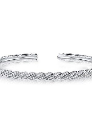 White Sapphire Cuff Bracelet - Round Cut Pave Sterling Silver, 7 Inch