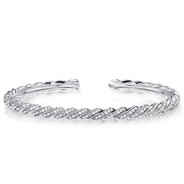 White Sapphire Cuff Bracelet - Round Cut Pave Sterling Silver, 7 Inch