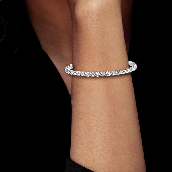 White Sapphire Cuff Bracelet - Round Cut Pave Sterling Silver, 7 Inch