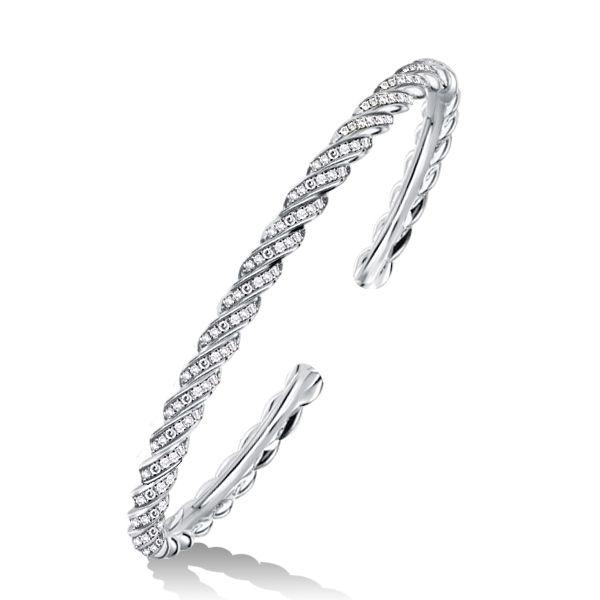 White Sapphire Cuff Bracelet - Round Cut Pave Sterling Silver, 7 Inch