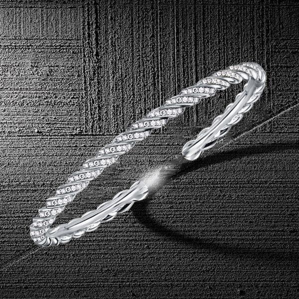 White Sapphire Cuff Bracelet - Round Cut Pave Sterling Silver, 7 Inch