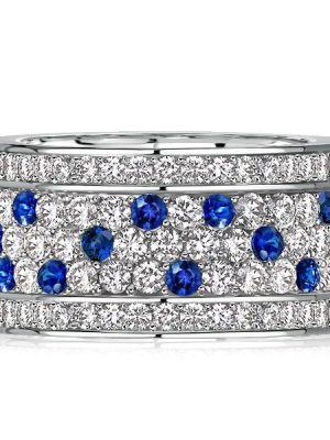 Blue & White Sapphire Eternity Band - Sterling Silver Pave Setting Ring