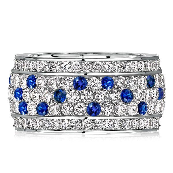 Blue & White Sapphire Eternity Band - Sterling Silver Pave Setting Ring
