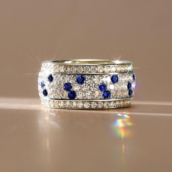 Blue & White Sapphire Eternity Band - Sterling Silver Pave Setting Ring