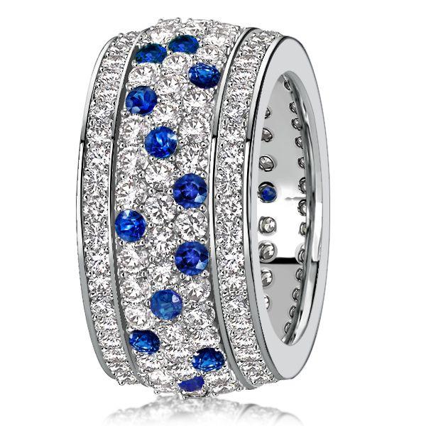 Blue & White Sapphire Eternity Band - Sterling Silver Pave Setting Ring