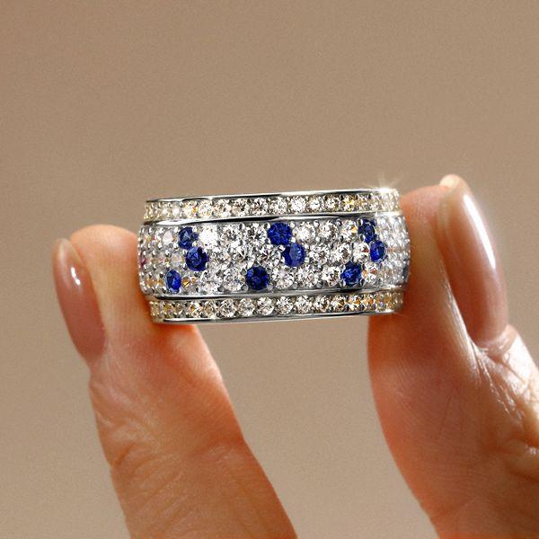 Blue & White Sapphire Eternity Band - Sterling Silver Pave Setting Ring