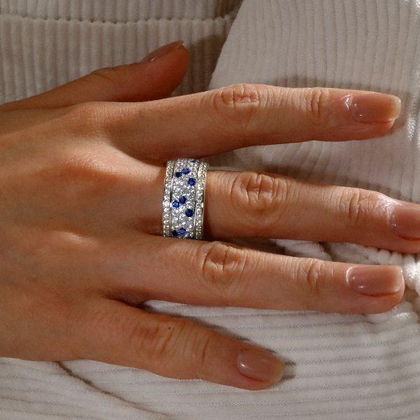Blue & White Sapphire Eternity Band - Sterling Silver Pave Setting Ring