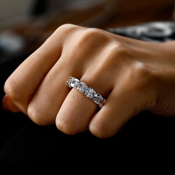 Cushion Cut White Sapphire Eternity Wedding Band - Sterling Silver