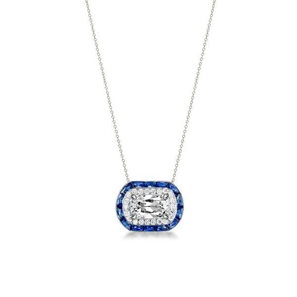 Halo Cushion Cut Created Sapphire Pendant Necklace in Rhodium Plated 925 Sterling Silver