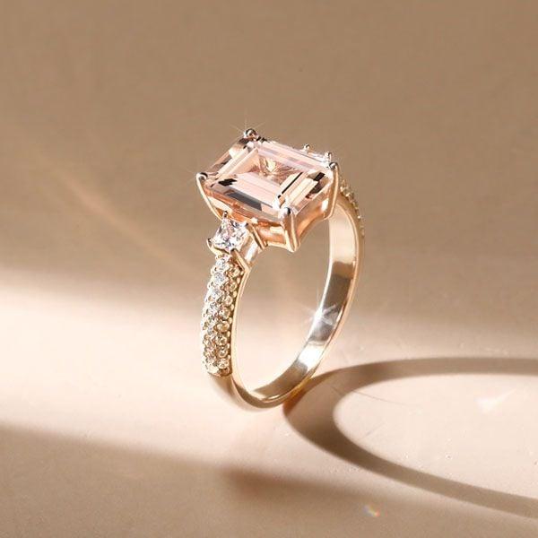 Emerald Cut Morganite Promise Ring in 18K Rose Gold Plated Sterling Silver