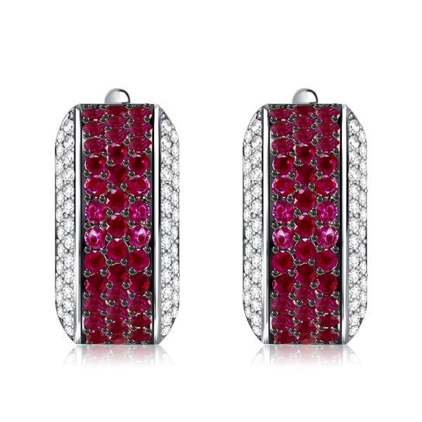 Two Tone Ruby Hoop Earrings for Women in Rhodium-Plated Sterling Silver