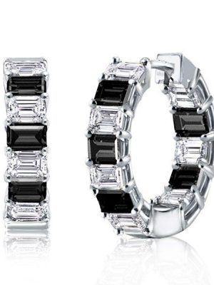 Emerald Cut Black & White Hoop Earrings - Sterling Silver