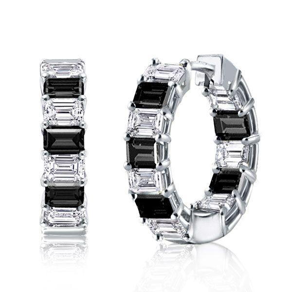 Emerald Cut Black & White Hoop Earrings - Sterling Silver