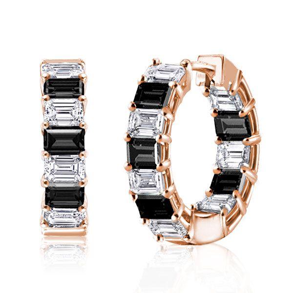 Emerald Cut Black & White Hoop Earrings - Sterling Silver