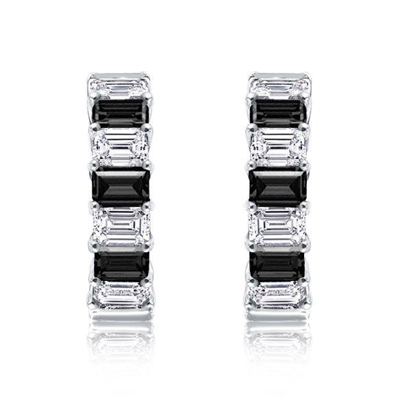 Emerald Cut Black & White Hoop Earrings - Sterling Silver