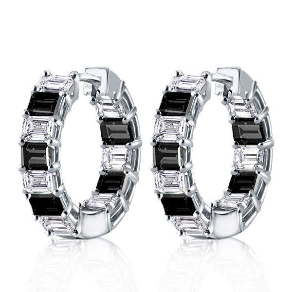 Emerald Cut Black & White Hoop Earrings - Sterling Silver
