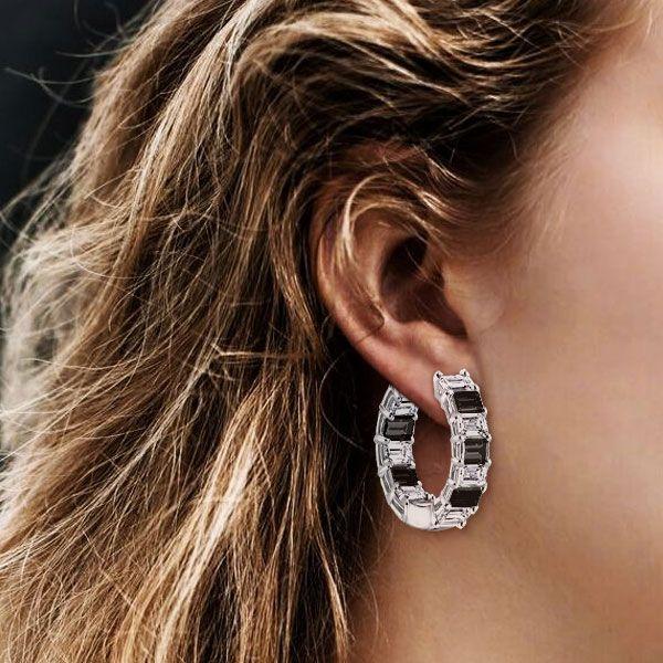 Emerald Cut Black & White Hoop Earrings - Sterling Silver