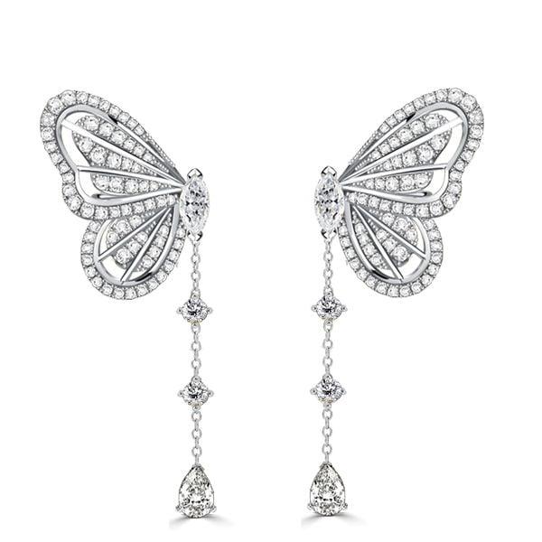 Sterling Silver Dancing Butterfly Drop Earrings with White Sapphire Accents