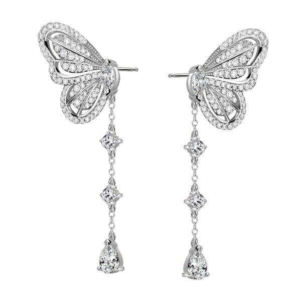Sterling Silver Dancing Butterfly Drop Earrings with White Sapphire Accents