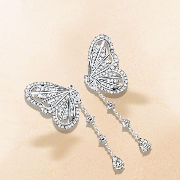 Sterling Silver Dancing Butterfly Drop Earrings with White Sapphire Accents