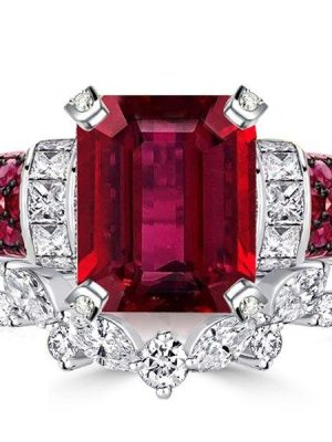 Ruby Emerald Cut Sterling Silver Bridal Ring Set - Vintage Style
