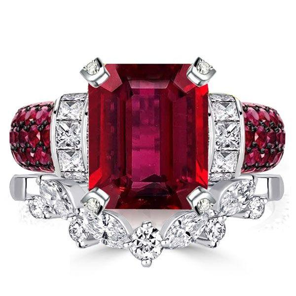 Ruby Emerald Cut Sterling Silver Bridal Ring Set - Vintage Style