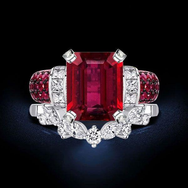Ruby Emerald Cut Sterling Silver Bridal Ring Set - Vintage Style