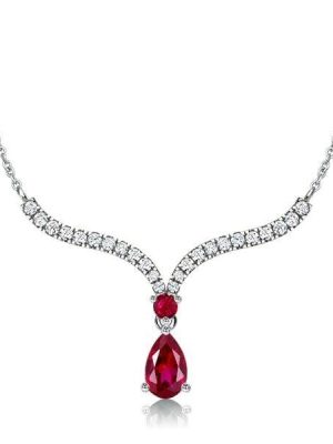 Sterling Silver V-Shaped Pear Cut Ruby Pendant Necklace for Women