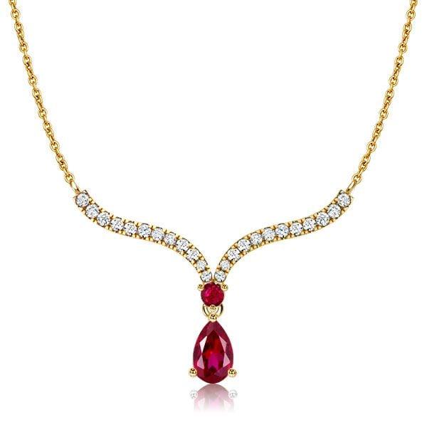 Sterling Silver V-Shaped Pear Cut Ruby Pendant Necklace for Women