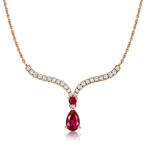 Sterling Silver V-Shaped Pear Cut Ruby Pendant Necklace for Women